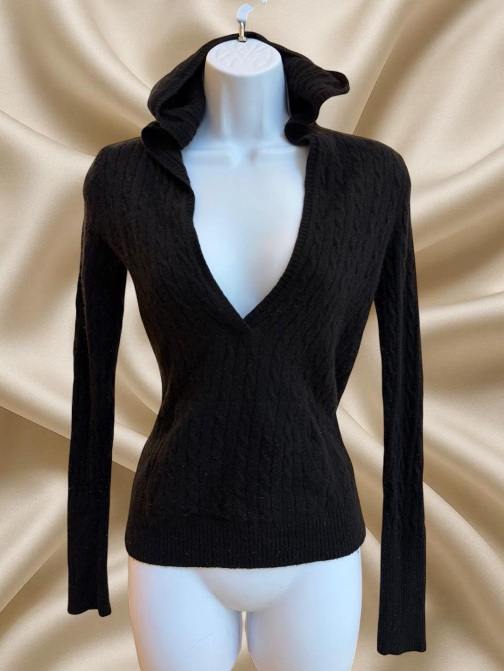 Black V-Neck Cable Knit Women's Sweater